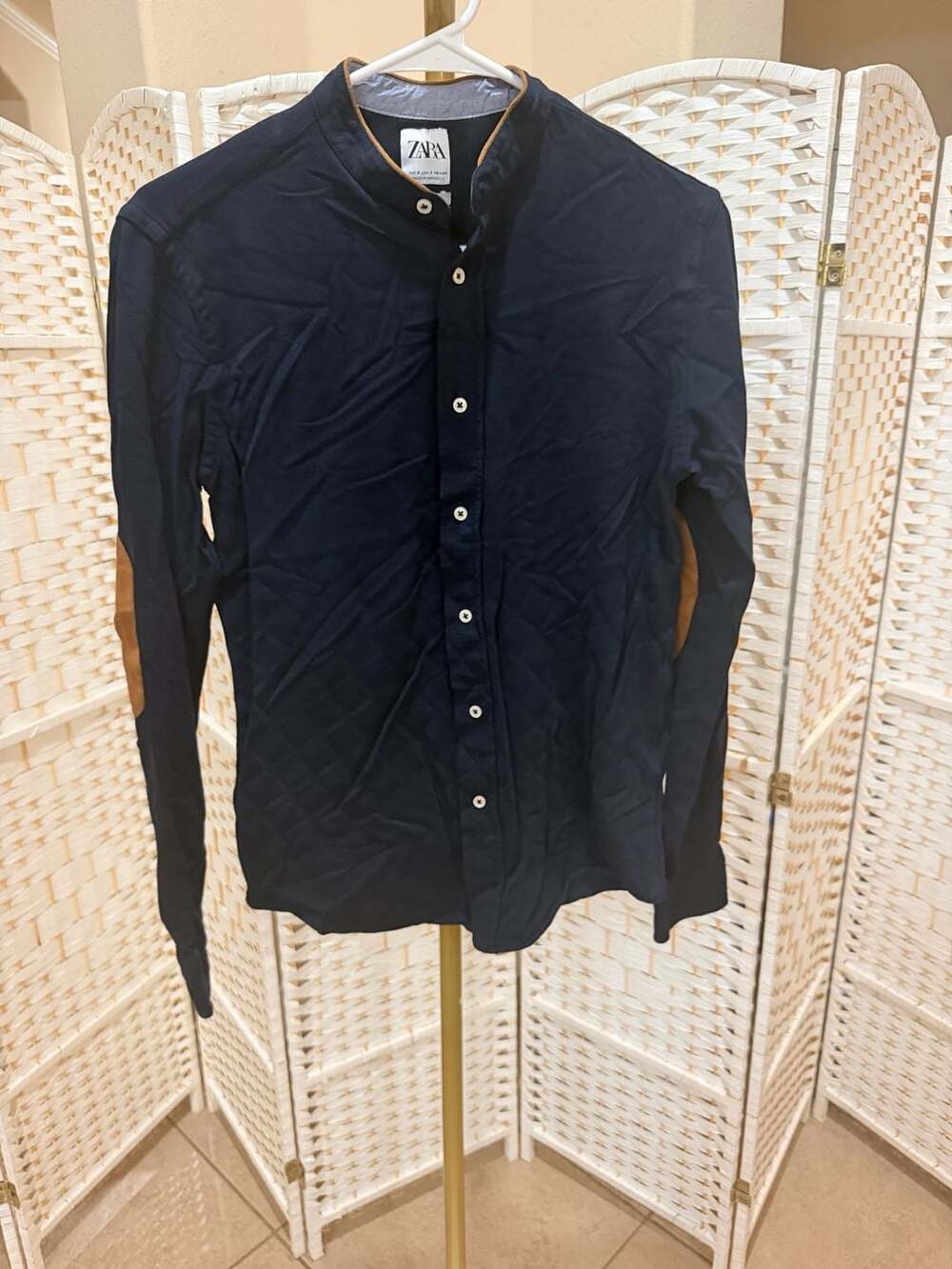 Zara Long Sleeve Shirt Size S Navy Blue Mandarin Collar Regular Fit